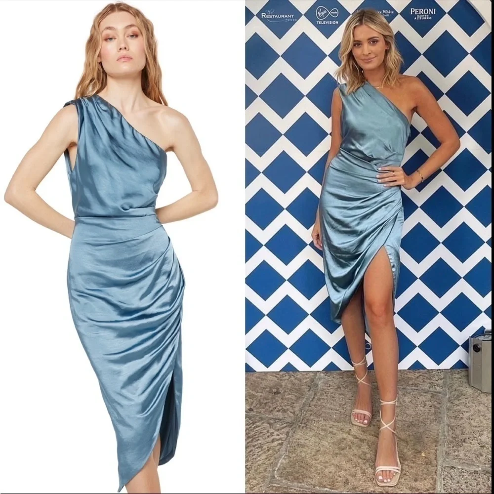 NWT ELLIATT 90s Ruched Satin Sleeveless 1 Shoulder Tulip Wrap Hem Midi Dress‎ XS